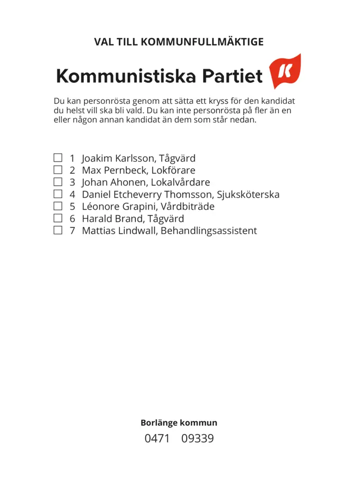 Valsedel för Kommunval i Borlänge