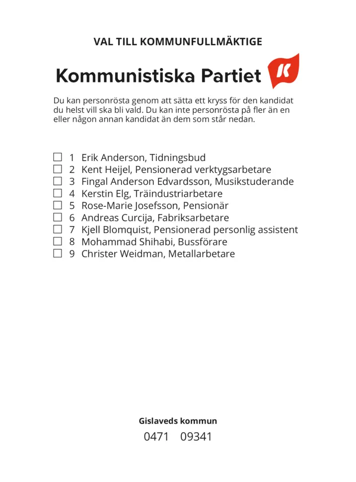 Valsedel för Kommunval i Gislaved