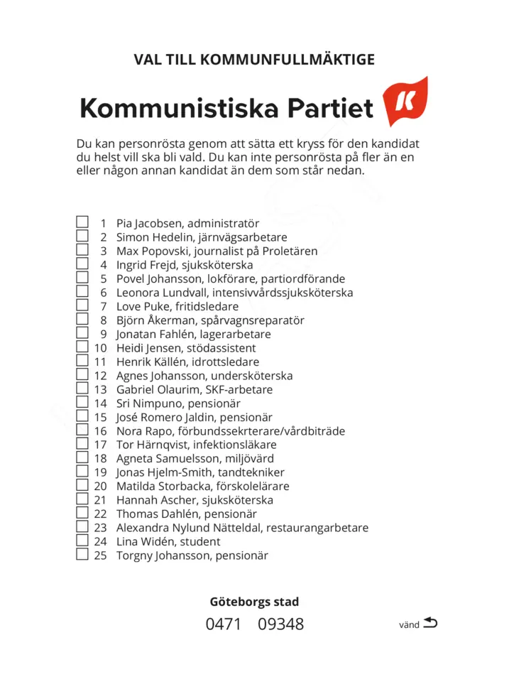Valsedel för Kommunval i Göteborg