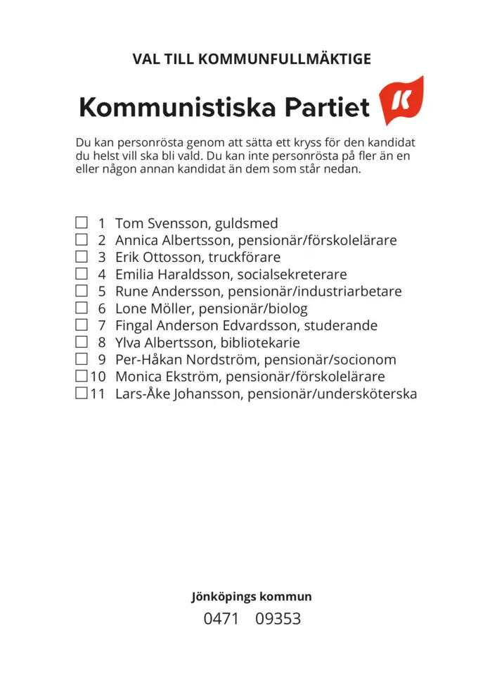 Valsedel för Kommunval i Jönköping