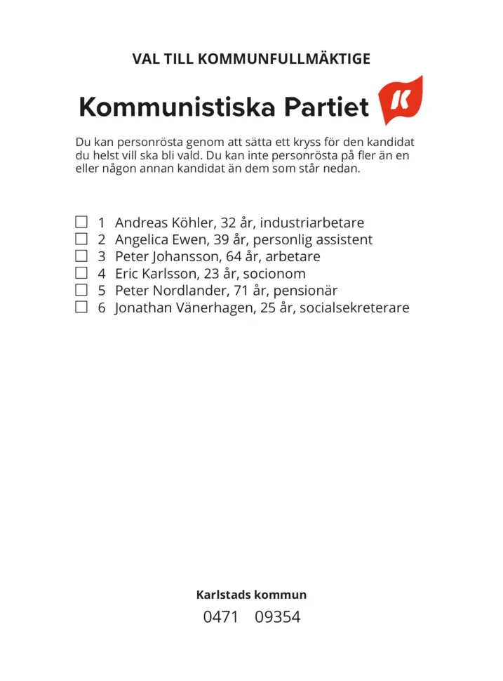 Valsedel för Kommunval i Karlstad
