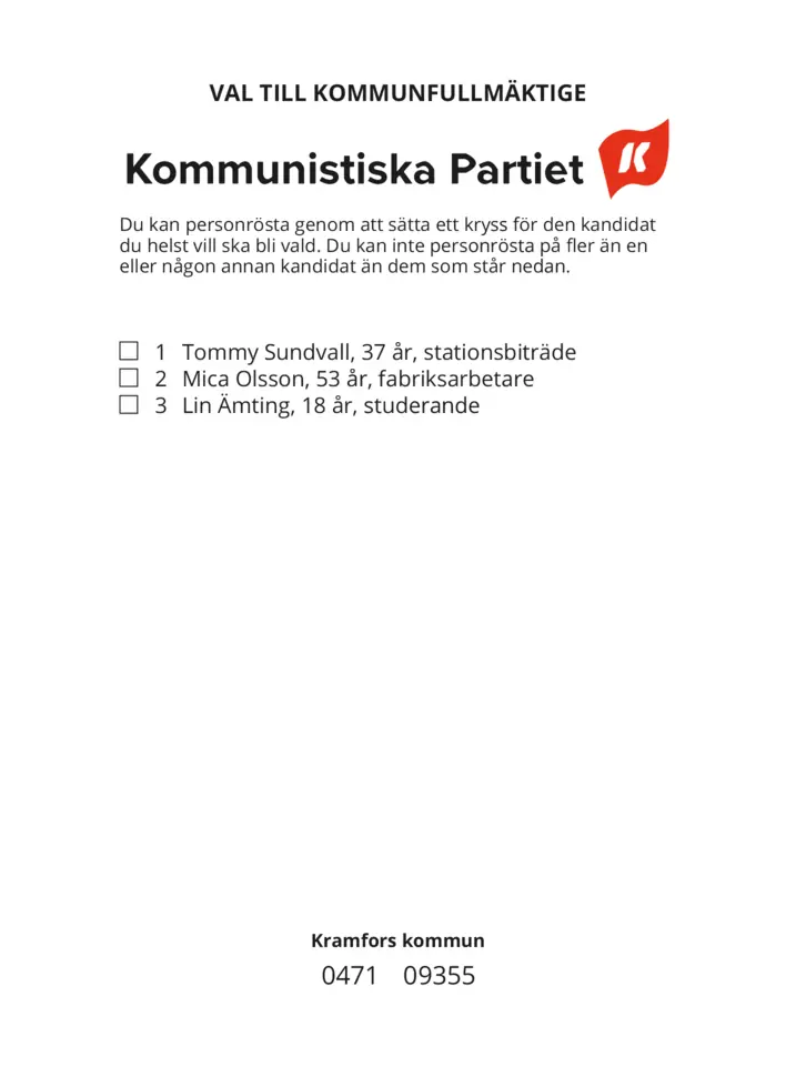 Valsedel för Kommunval i Kramfors