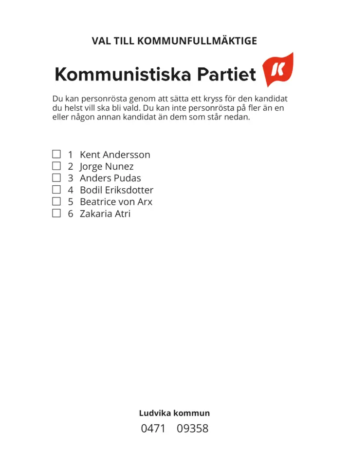 Valsedel för Kommunval i Ludvika