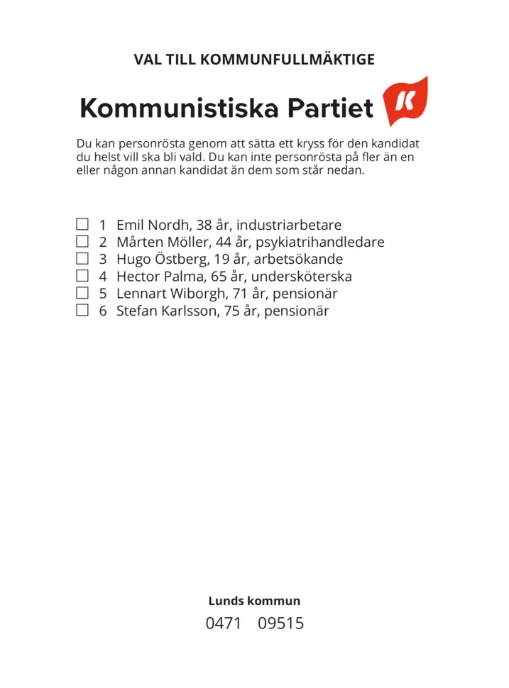 Valsedel för Kommunval i Lund