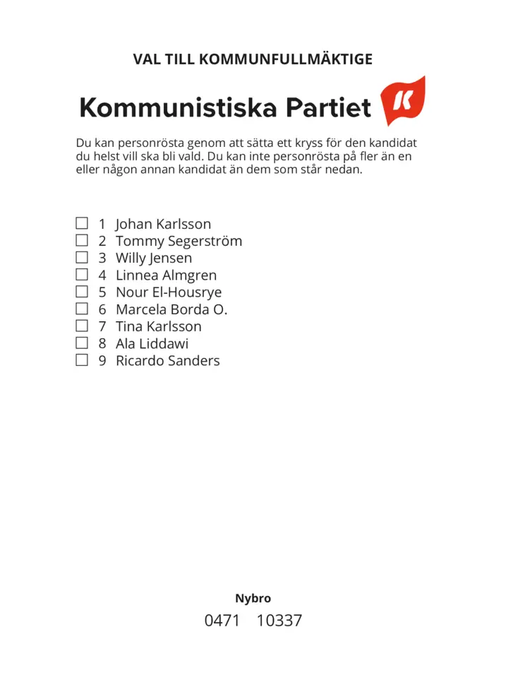 Valsedel för Kommunval i Nybro