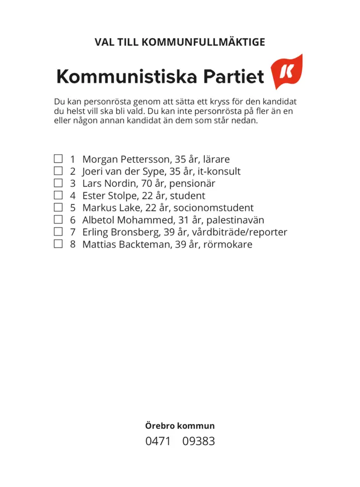 Valsedel för Kommunval i Örebro