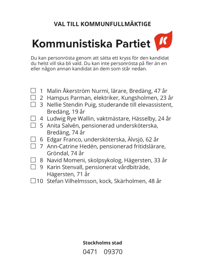 Valsedel för Kommunval i Stockholm