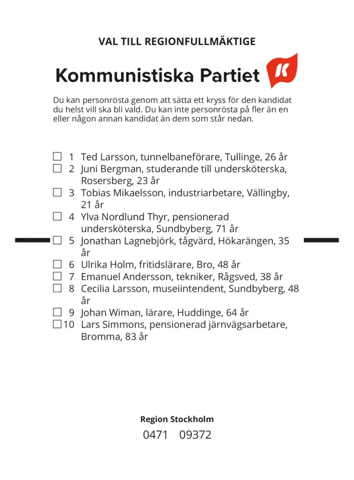 Valsedel för Regionval i Stockholm
