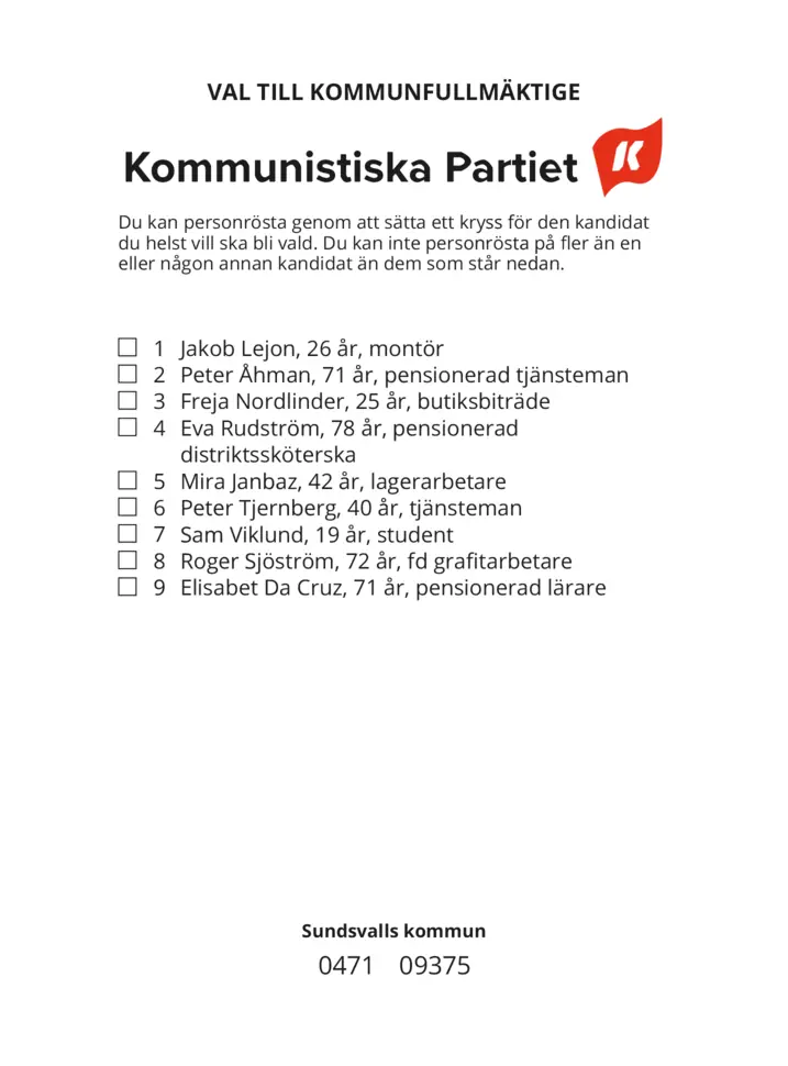 Valsedel för Kommunval i Sundsvall