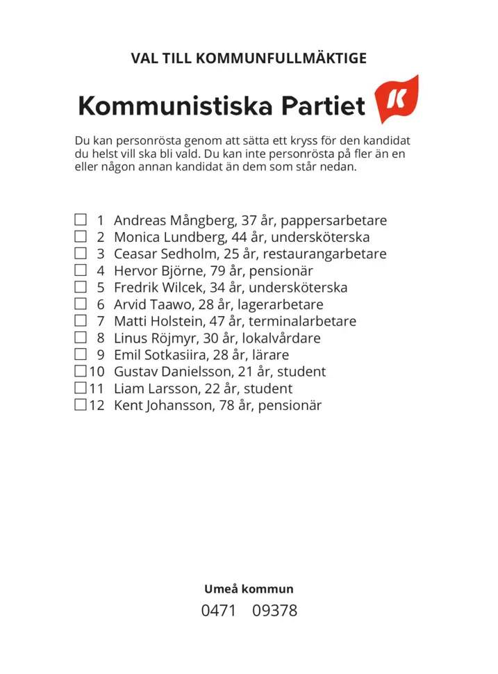 Valsedel för Kommunval i Umeå