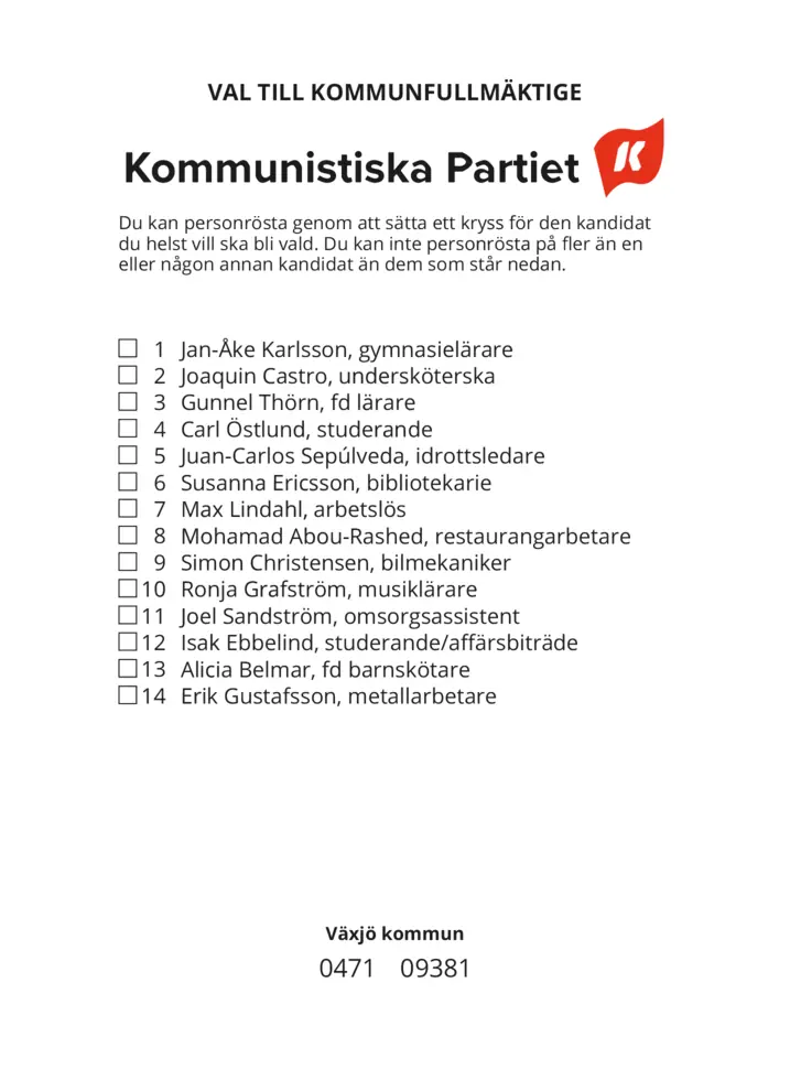 Valsedel för Kommunval i Växjö
